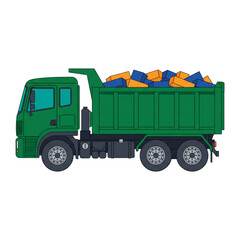 Flat Design Vector Illustration of a Green Heavy-Duty Dump Truck with Construction Debris © rizal