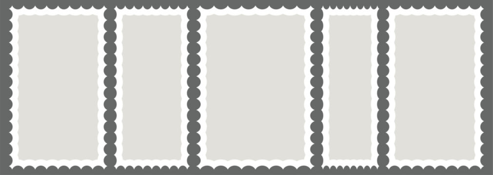 Blank postage stamp.  Postage mail stickers, empty rectangular paper envelope post borders with postmark, philately design elements. 