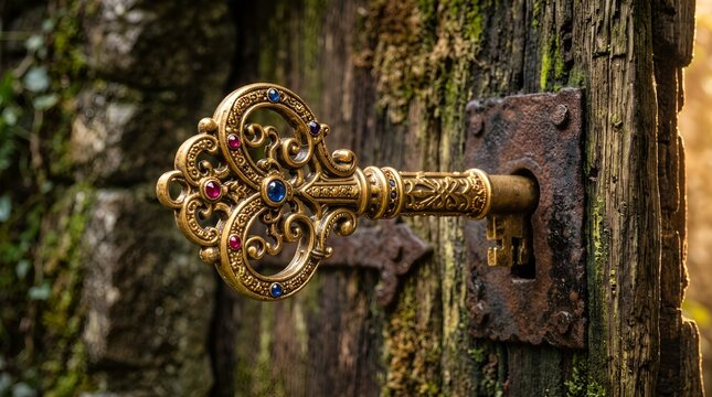 Ornate golden key unlocking ancient wooden door with warm light streaming through symbolizing breakthrough and unlocking potential