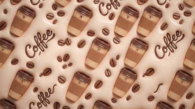 Coffee Cup Pattern: A whimsical pattern of disposable coffee cups and coffee beans, with Coffee written in chocolatey script, creates a delightful and energetic backdrop for any coffee lover.