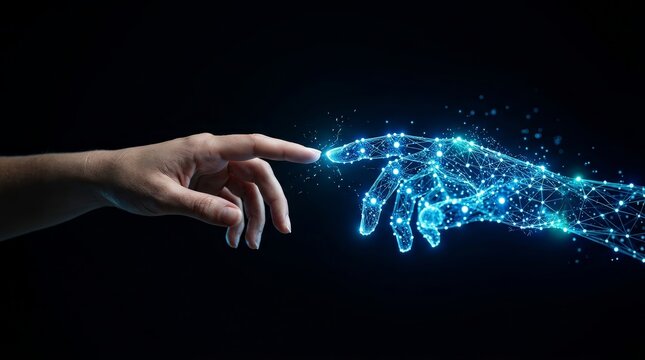 Human and robot hands connecting on a customer support network to demonstrate AI efficiency and automation.