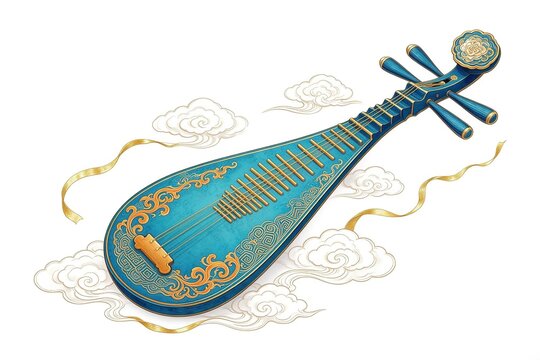 Blue Pipa With Golden Strings Floral Patterns Golden Ribbons And White Auspicious Clouds