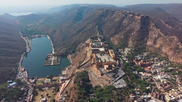 Jaipur, Rajasthan, India - 25 September 2026: Aerial view of Amer Palace and Fort, showcasing its historic architecture, surrounding hills, and the Maota Lake.