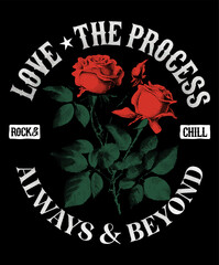 Fototapeta premium Vintage rose art. Retro rock chill. Love the process. Floral streetwear. Red roses illustration.