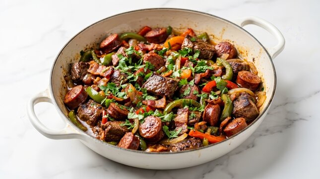 Mexican food specialty Discada Chihuahua featuring mixed meats and peppers in a white pan.