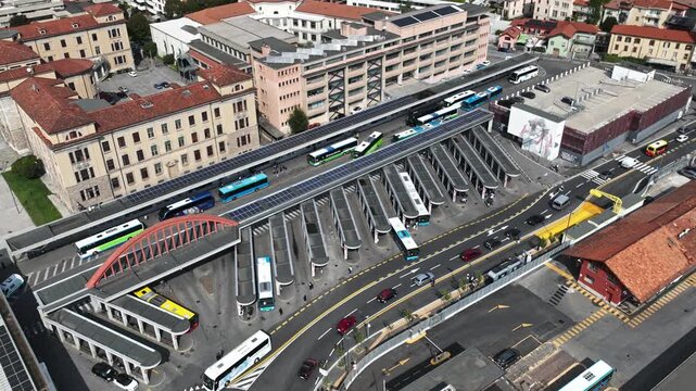 Aerial hyperlapse of Itabus bus stop in Bergamo, Italy