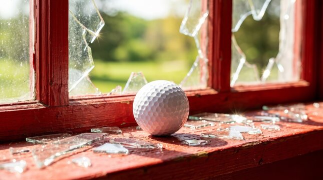 Close-up of a white golf ball on red wood near broken glass and sunlight reflections.
