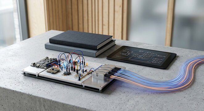 Electronic breadboard prototype with glowing cables on concrete table and digital tablet