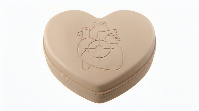 Beige heart shaped box with anatomical heart symbol engraving isolated on white background for gifts