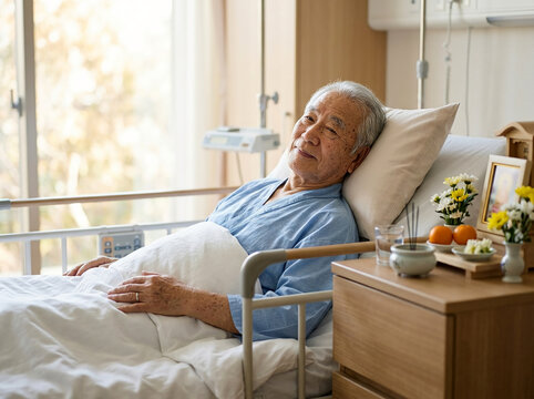 Elderly Asian man lying peacefully in a hospital bed at a clinic, senior patient resting in a bright medical room with traditional items on a bedside table.