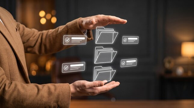 Digital archive sorting file management system data organization process with two hands classifying holographic documents records tracking information accuracy and content filtering interface