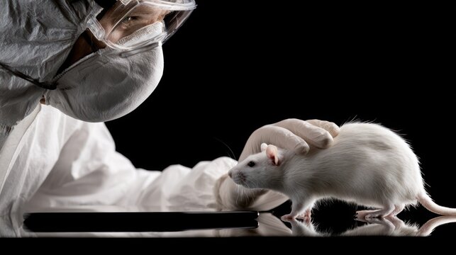 Scientist examining white laboratory rodent in controlled environment.