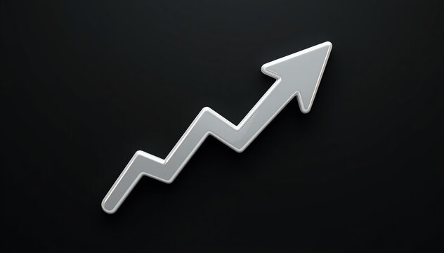 A silver upward-trending zigzag arrow isolated against a dark background, symbolizing financial growth and progress. 