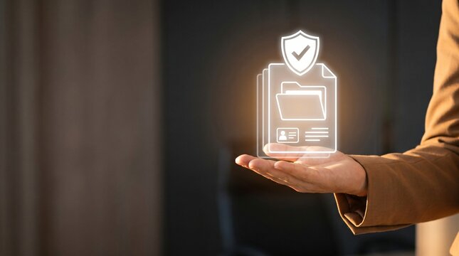 Master audit dossier verification digital record tracking data organization presented over open palm with floating holographic documents and archive folders for corporate accuracy check review