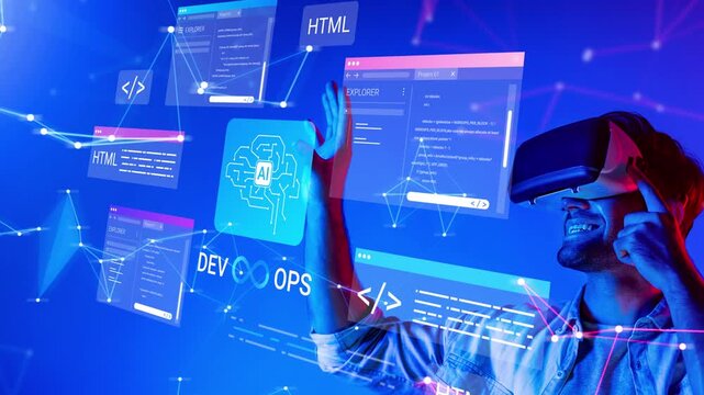 Innovative Developer Engaging with Virtual Reality Technology while Creating HTML Code and Exploring AI-Driven Solutions in a Futuristic Environment Gluon.