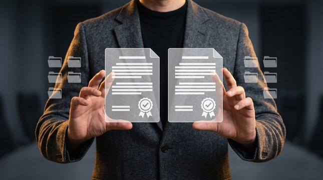 Dual document cross referencing data discrepancy matching accuracy checking by auditor comparing two holographic files for compliance verification records management and corporate archive review