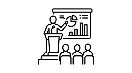 Fototapeta premium Presentation Icon: Speaker, Podium, Charts, Audience, Transparent Background