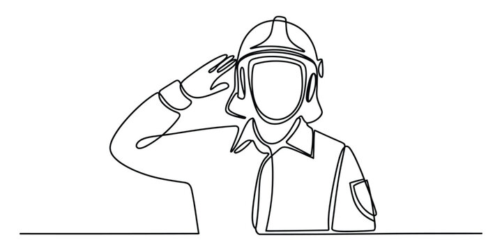 Firefighter in uniform saluting single line drawing