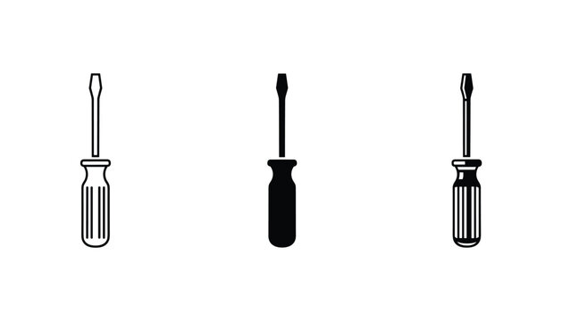 Set of three screwdrivers shown in different graphic styles including simple outline, solid black silhouette, and detailed icon.
