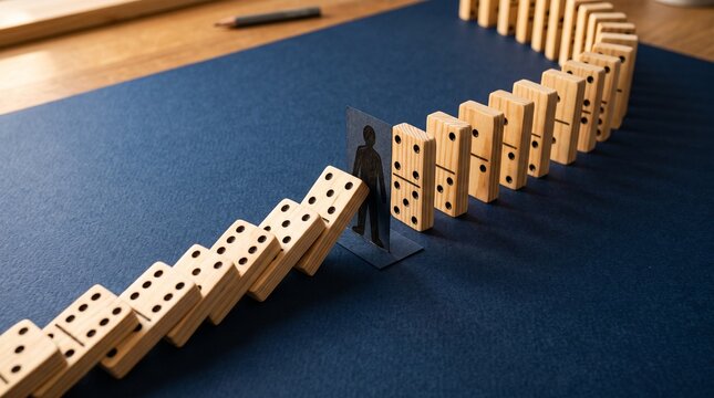 Hand interrupts a line of standing wooden dominoes on a blue surface