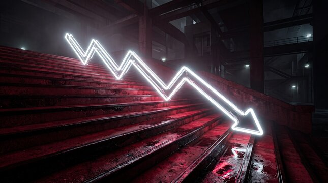 Neon arrow descends a staircase illuminated in a dark setting