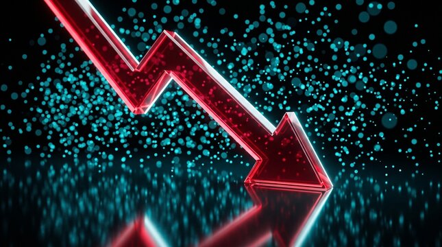 Red downward arrow descends through a field of glowing particles