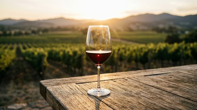 Warm natural ambiance featuring red wine on a wooden table overlooking rolling vineyards and mountains.