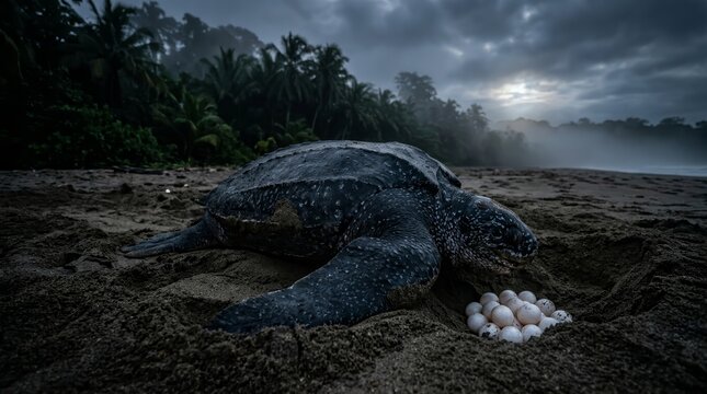 Nighttime view of a leatherback sea turtle nesting and laying eggs on a sandy Trinidadian coast.