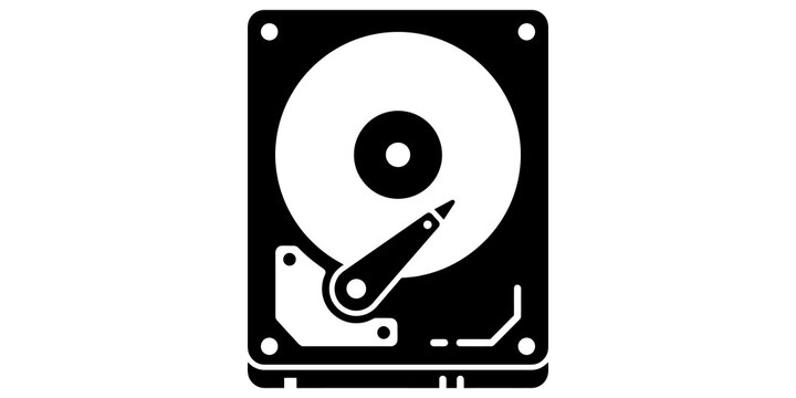Black icon of internal computer hard drive disk for technology or data storage.