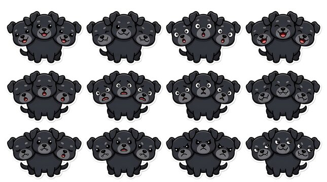 Cute three-headed cartoon black dog with various facial expressions set for Halloween designs