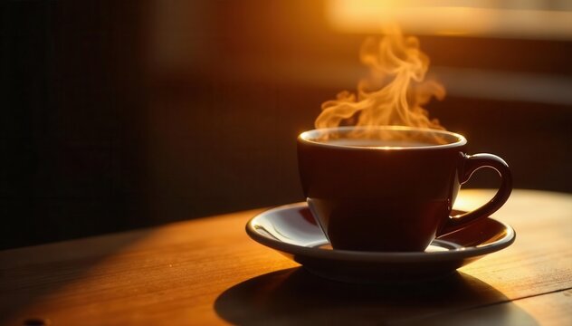 Golden hour light illuminates dark espresso in classic cup , dark, home