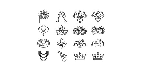 Mardi Gras party icons with masks champagne balloons donut fleur de lis jester crowns. © Akash
