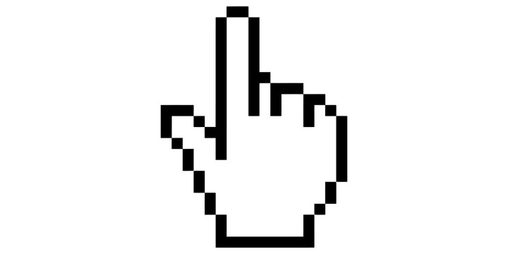 Pixelated cursor hand pointing upwards suggesting selection or navigation for computer interface elements.