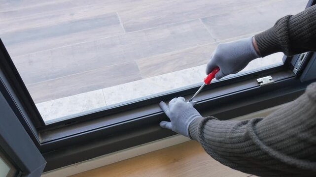 A man is carrying out repairs on the window track within a residential property