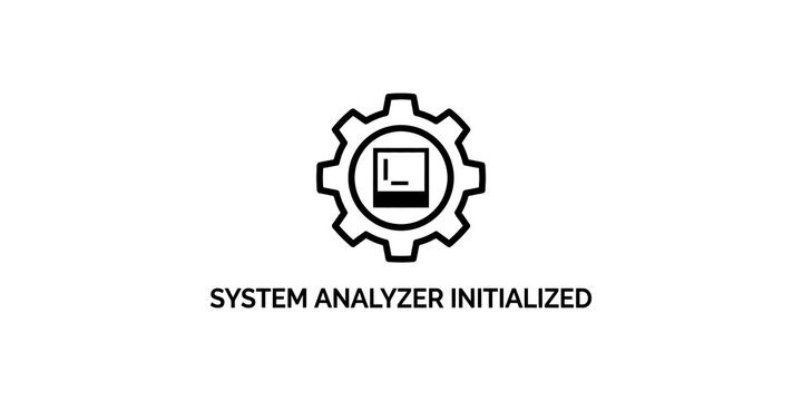 Technical system analyzer initialization icon with gear cog and hardware chip graphic for digital software security.