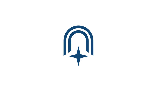 Elegant abstract logo featuring a tall blue archway and a four pointed star on a clean white background.