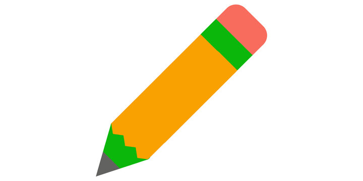 Orange lead pencil with green rubber eraser and gray graphite tip for drawing writing or educational design projects.