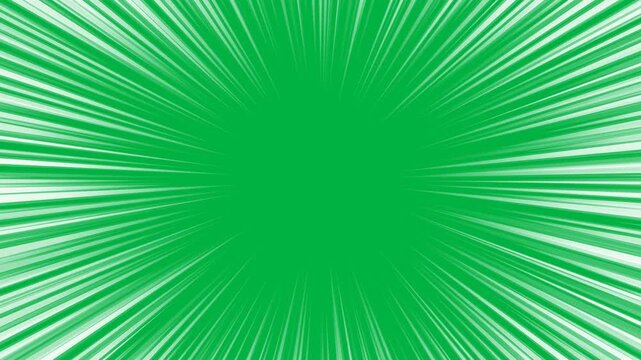 Radial anime speed lines overlay with dynamic white motion streaks expanding from the center on green screen background for video editing, action scenes and visual effects.