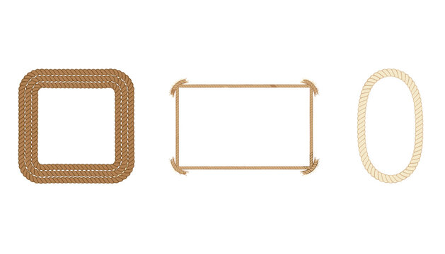 Set of three thick textured rope frames featuring a square, a rectangle, and an oval border on a white background.