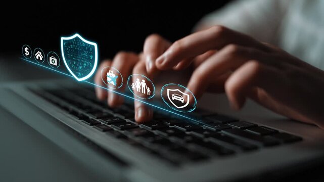 Hands Typing on Keyboard with Digital Security Icons Symbolizing Online Protection and Assurance in Cyber Space. Entropy.