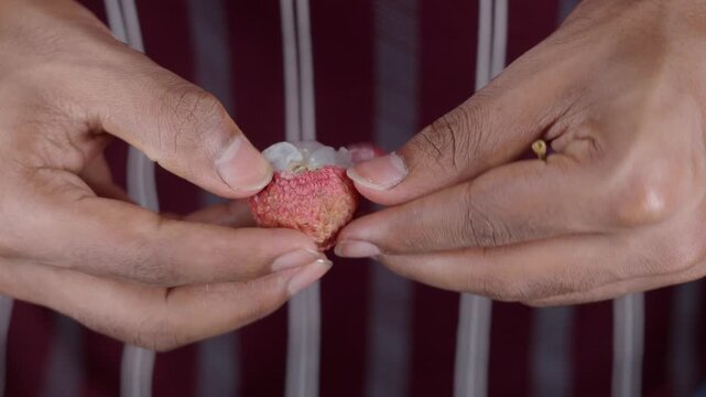 Man holds lychee fruit and removes the outer layer to reveal the inside