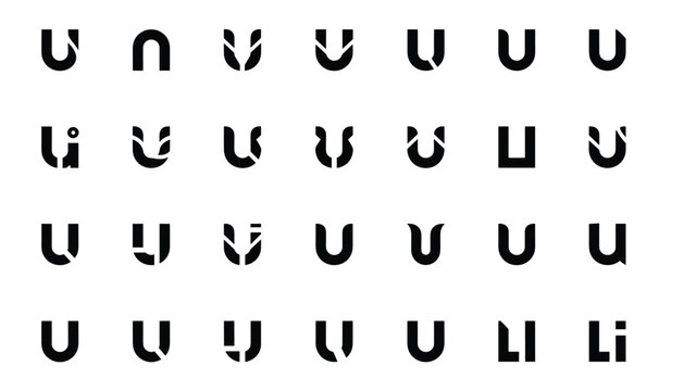 Grid of stylized black letters U forming a collection of unique logo designs, isolated on a white background.