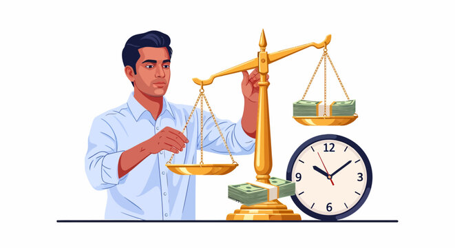 Indian Financial Analyst Weighing Cash and Clock