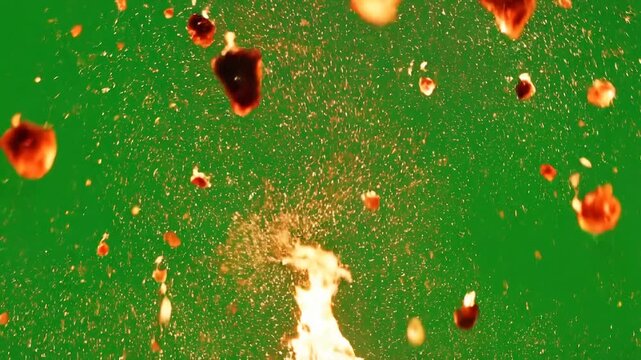 Glowing fire sparks and embers overlay. Isolated orange particles on green screen background. Realistic burning dust effect for design