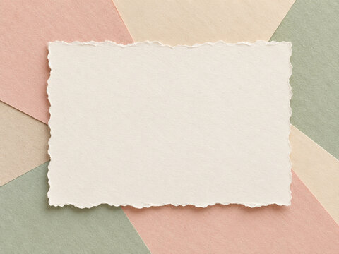 Torn handmade paper card mockup on pastel collage background