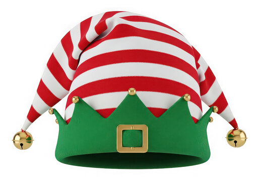 Red and white striped elf hat with green brim and bells isolated on transparent background