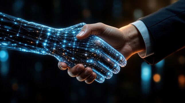 Human hand shakes a digital, networked robotic hand symbolizing partnership between humans and technology.