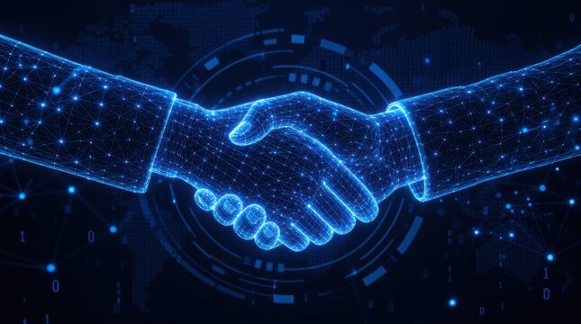 Two digital hands formed by blue glowing network lines are shaking hands against a futuristic, tech-themed background.