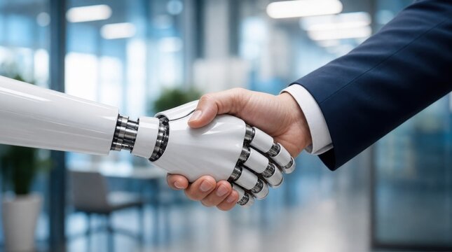 A human in a business suit shaking hands with a robotic hand, symbolizing collaboration between humans and technology.