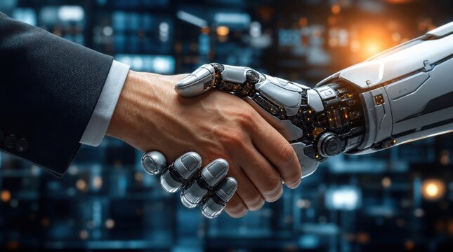 A human hand in a suit shaking hands with a robotic hand, symbolizing collaboration between humans and technology.